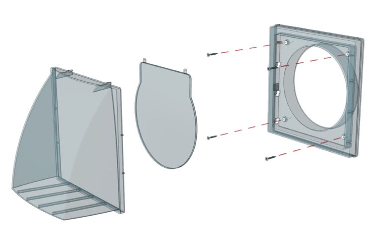 Venkovní mřížka 150x150 mm s límcem d100 mm, zpětnou klapkou a krytem, šedá