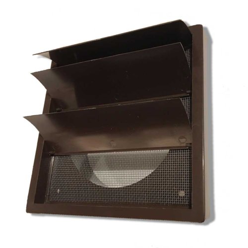 Vetracia mriežka 140x140 mm s gravitačnou žalúziou, golierom d100 mm a sieťkou, hnedá