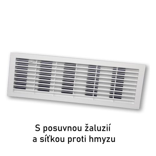 Vetracia mriežka dverná 335x132 mm s golierom, ručnou žalúziou a sieťkou, biela