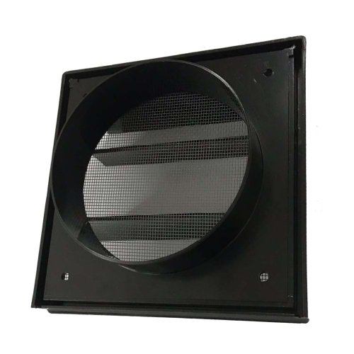 Vetracia mriežka 183x183 mm s gravitačnou žalúziou, golierom d150 mm a sieťkou, čierna