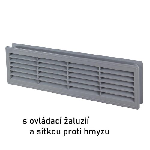 Větrací mřížka dveřní 335x132 mm s límcem, ruční žaluzií a síťkou, šedá