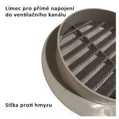 Vetracia mriežka okrúhla s golierom d150 mm a sieťkou, sivá