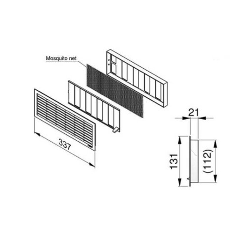 Vetracia mriežka dverná 335x132 mm s golierom, ručnou žalúziou a sieťkou, biela