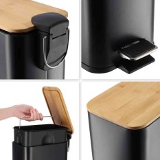 Odpadkový kôš s pedálom RADO 5L – čierny – kovový s dreveným vekom