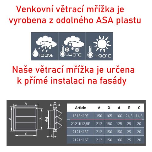Venkovní větrací mřížka s gravitační žaluzií a límcem d150 a d160 mm - bílá