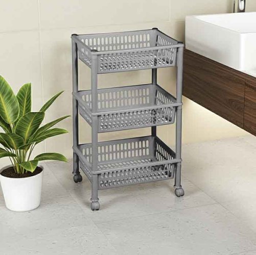 Plastový regál třípatrový s kolečky - šedý - 400 x 290 x V 700 mm