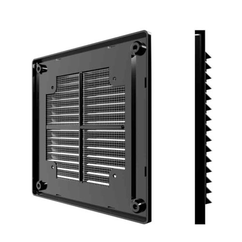 Vetracia mriežka 150x150 mm s montážnym rámčekom a sieťkou proti hmyzu - čierná