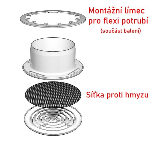 Stropná vetracia mriežka s golierom d125 mm, sieťkou a montážnym kruhom, biela