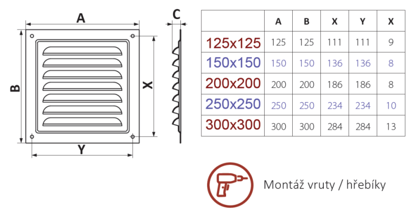 Vetracia kovová plochá mriežka 200x200 mm so sieťkou proti hmyzu - čierna