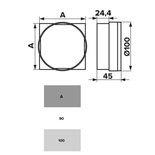 Spojka a redukce pro digestoře – d100 na 90x90 mm