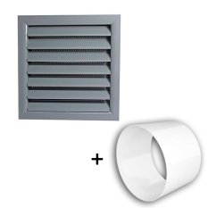 Větrací mřížka 140x140 límec d100 ŠEDÁ + Spojka d104 jako ukotvení