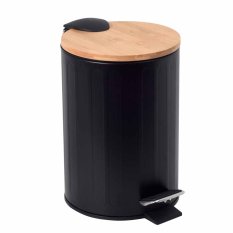 Odpadkový kôš s pedálom RADO 3 L guľatý – čierny – kovový s dreveným vekom