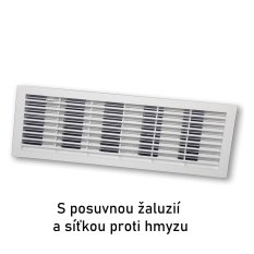 Větrací mřížka dveřní 335x132 mm s límcem, ruční žaluzií a síťkou, bílá